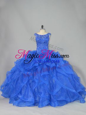 Royal Blue 15th Birthday Dress Organza Brush Train Sleeveless Beading and Ruffles