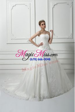 Artistic White Tulle Lace Up Sweetheart Sleeveless Bridal Gown Court Train Beading and Lace