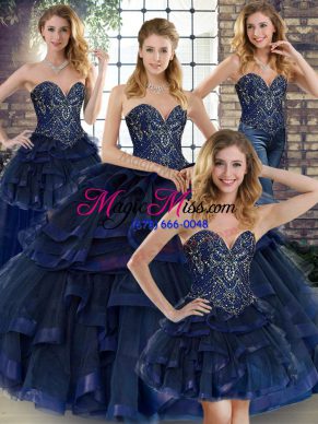 Sweetheart Sleeveless Tulle 15th Birthday Dress Beading and Ruffles Lace Up