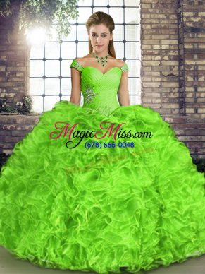 Ball Gowns Off The Shoulder Sleeveless Organza Floor Length Lace Up Beading and Ruffles Quinceanera Dress