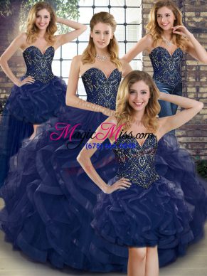 Tulle Sweetheart Sleeveless Lace Up Beading and Ruffles Vestidos de Quinceanera in Navy Blue