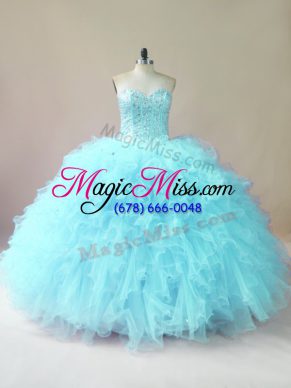 Romantic Aqua Blue Quinceanera Gown Sweet 16 and Quinceanera with Beading and Ruffles Sweetheart Sleeveless Lace Up