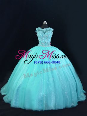 Charming Aqua Blue Sleeveless Beading and Lace Floor Length Ball Gown Prom Dress