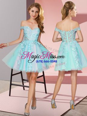 Tulle Off The Shoulder Sleeveless Zipper Lace Dama Dress for Quinceanera in Aqua Blue