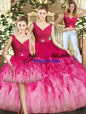 Multi-color Ball Gowns Tulle V-neck Sleeveless Beading and Ruffles Floor Length Lace Up Ball Gown Prom Dress