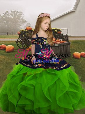 Green Sleeveless Floor Length Embroidery and Ruffles Lace Up Kids Formal Wear