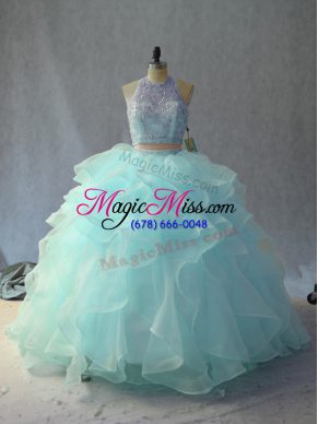 Fitting Light Blue Two Pieces Scoop Sleeveless Beading and Ruffles Floor Length Backless Ball Gown Prom Dress