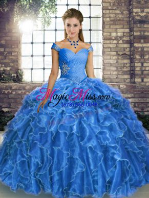 Classical Organza Off The Shoulder Sleeveless Brush Train Lace Up Beading and Ruffles Vestidos de Quinceanera in Blue