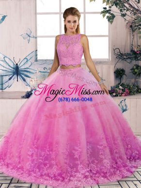 Backless Sweet 16 Dress Rose Pink for Military Ball and Sweet 16 and Quinceanera with Lace Sweep Train