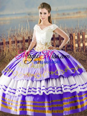 Elegant White And Purple V-neck Lace Up Embroidery and Ruffled Layers Quinceanera Gown Sleeveless