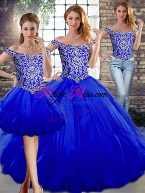 Royal Blue Off The Shoulder Neckline Beading and Ruffles Vestidos de Quinceanera Sleeveless Lace Up