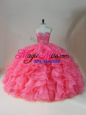 Most Popular Pink Organza Zipper Sweet 16 Quinceanera Dress Sleeveless Floor Length Beading and Ruffles