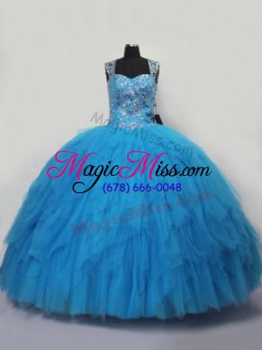 Customized Blue Sleeveless Beading and Ruffles Floor Length Quinceanera Gown