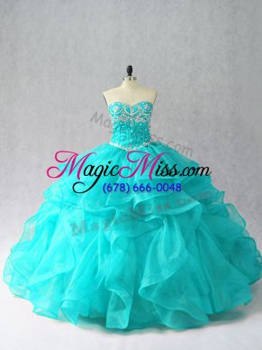 Aqua Blue Lace Up Sweetheart Beading and Ruffles Ball Gown Prom Dress Organza Sleeveless