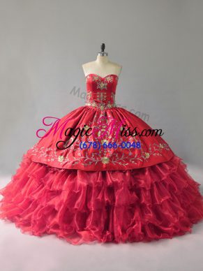 Dazzling Sweetheart Sleeveless Sweet 16 Dresses Floor Length Embroidery and Ruffles Red Organza