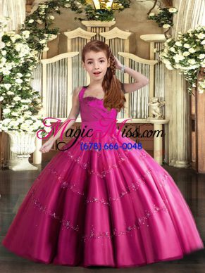 Fuchsia Ball Gowns Tulle Straps Sleeveless Beading Floor Length Lace Up Girls Pageant Dresses