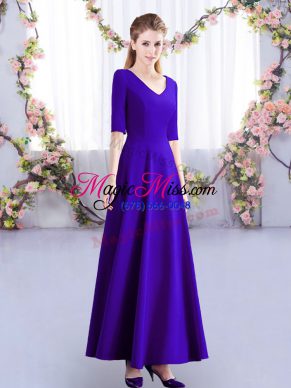 Purple Zipper Wedding Party Dress Ruching Half Sleeves Ankle Length