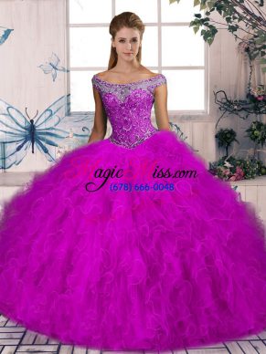 Fuchsia Tulle Lace Up Quinceanera Gowns Sleeveless Brush Train Beading and Ruffles