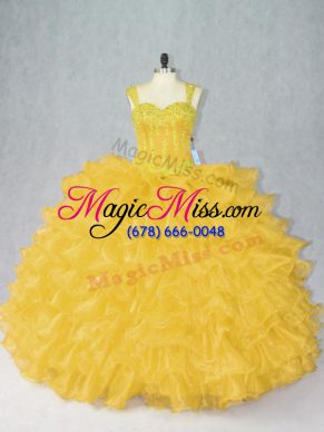 Comfortable Gold Ball Gowns Straps Sleeveless Organza Floor Length Lace Up Beading and Ruffles Quinceanera Gown