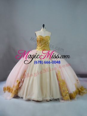 Elegant Sleeveless Ball Gown Prom Dress Brush Train and Beading and Lace and Appliques