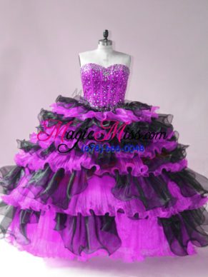 High End Floor Length Black And Purple Sweet 16 Dress Organza Sleeveless Beading and Ruffled Layers
