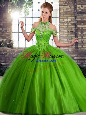 Halter Top Sleeveless Brush Train Lace Up Sweet 16 Dress Green Tulle