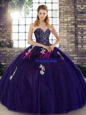 Top Selling Purple Sleeveless Floor Length Beading and Appliques Lace Up Quince Ball Gowns