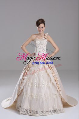 Embroidery and Hand Made Flower 15 Quinceanera Dress Champagne Lace Up Sleeveless Brush Train