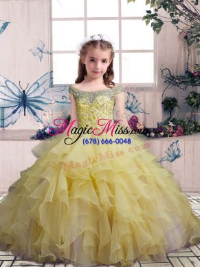 Off The Shoulder Sleeveless Lace Up Little Girl Pageant Gowns Yellow Organza