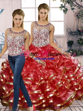 Hot Sale Scoop Sleeveless Lace Up Quinceanera Dress Red Organza