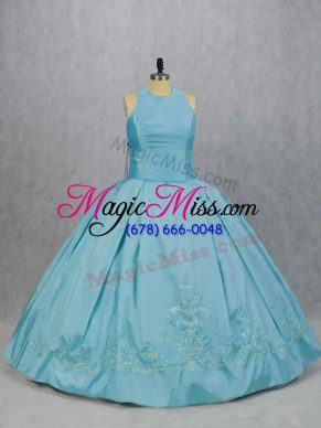 Blue Ball Gowns Embroidery Quince Ball Gowns Taffeta Sleeveless Floor Length