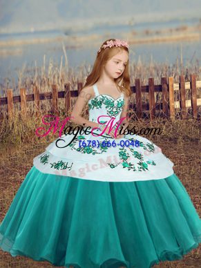 Sweet Teal Ball Gowns Straps Sleeveless Organza Floor Length Lace Up Embroidery Kids Formal Wear