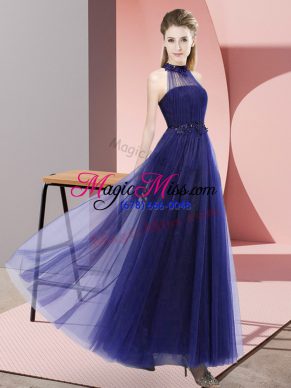 Purple Empire Beading and Appliques Vestidos de Damas Lace Up Tulle Sleeveless Floor Length