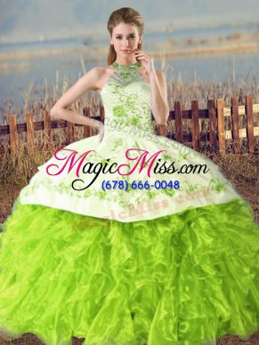 Low Price Halter Top Sleeveless Quinceanera Gown Floor Length Court Train Embroidery and Ruffles Organza