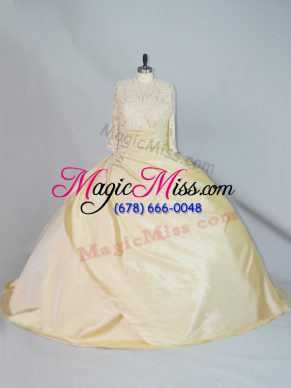 Nice Yellow Ball Gowns Lace Quince Ball Gowns Lace Up Taffeta Long Sleeves