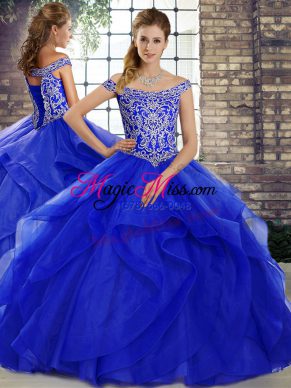 Chic Royal Blue Lace Up Quinceanera Gown Beading and Ruffles Sleeveless Brush Train