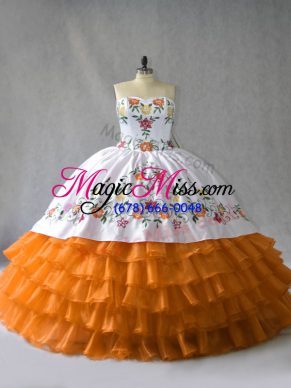 Sweetheart Sleeveless Sweet 16 Dresses Floor Length Embroidery and Ruffled Layers Orange Organza