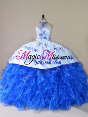 Royal Blue Organza Lace Up Halter Top Sleeveless Vestidos de Quinceanera Court Train Embroidery and Ruffles