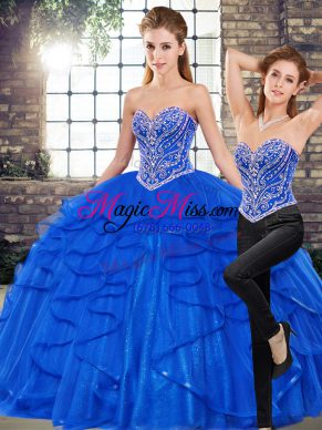 Discount Floor Length Lace Up Ball Gown Prom Dress Royal Blue for Military Ball and Sweet 16 and Quinceanera with Beading and Ruffles