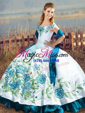 Artistic Satin Off The Shoulder Sleeveless Lace Up Embroidery and Ruffles Quinceanera Gown in Blue And White