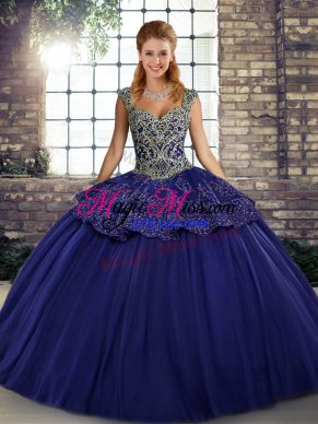 Purple Sleeveless Tulle Lace Up Quinceanera Gown for Military Ball and Sweet 16 and Quinceanera