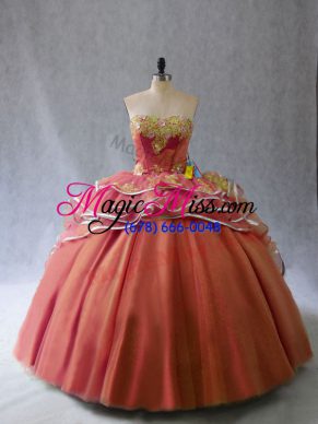 Rust Red Tulle Lace Up Sweetheart Sleeveless 15th Birthday Dress Brush Train Appliques and Ruffles