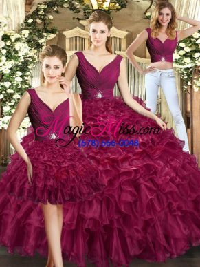 Burgundy Sleeveless Ruffles Floor Length Quince Ball Gowns