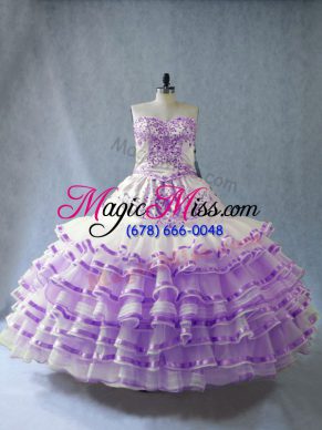 Traditional White And Purple Sleeveless Embroidery and Ruffled Layers and Bowknot Floor Length Vestidos de Quinceanera