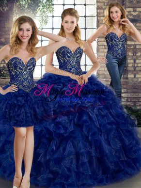 Gorgeous Three Pieces Quinceanera Dress Royal Blue Sweetheart Organza Sleeveless Floor Length Lace Up