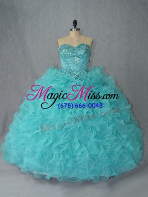 Custom Made Aqua Blue Ball Gowns Organza Sweetheart Sleeveless Beading and Ruffles Lace Up Sweet 16 Dresses