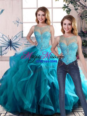 Admirable Scoop Sleeveless Quinceanera Gowns Floor Length Beading and Ruffles Aqua Blue Tulle