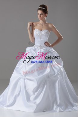 Great White Taffeta Lace Up Wedding Gowns Sleeveless Brush Train Embroidery and Pick Ups and Hand Made Flower