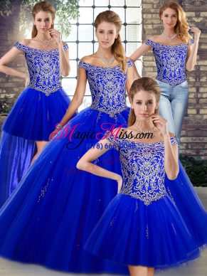 Off The Shoulder Sleeveless Lace Up Sweet 16 Quinceanera Dress Royal Blue Tulle