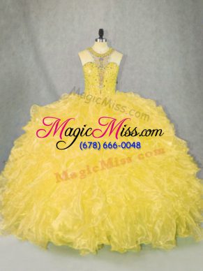 Gold Ball Gowns Beading and Ruffles Quinceanera Dress Zipper Organza Sleeveless Floor Length